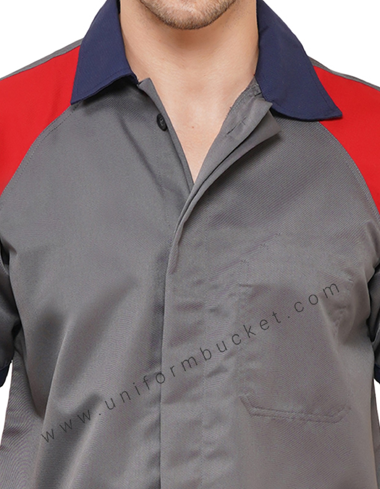 MALE WORKWEAR GREY SHIRT WITH RED FRONT YOKE & NAVY BLUE COLLAR view 5